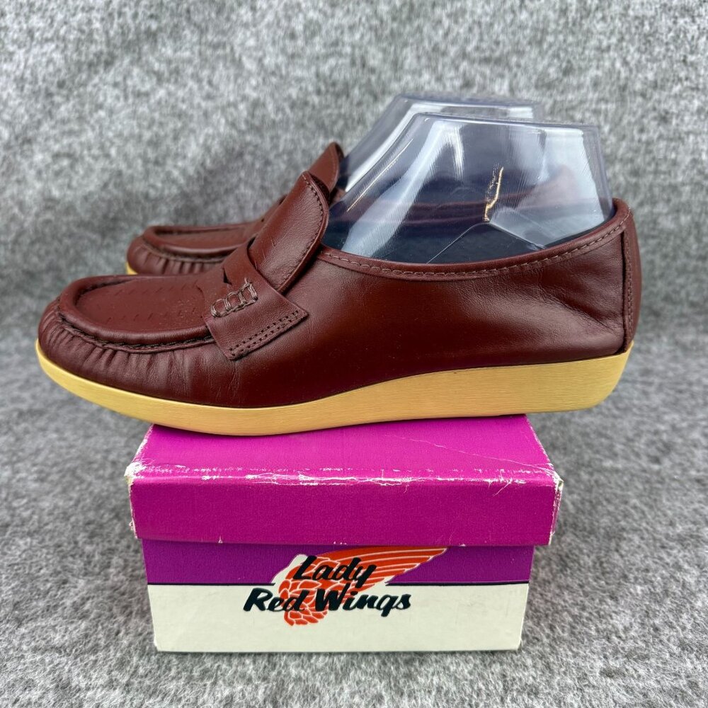 ✅Womens 8AA Vintage Lady Red Wings Brown Leather Slip-On Wedge Penny Loafers